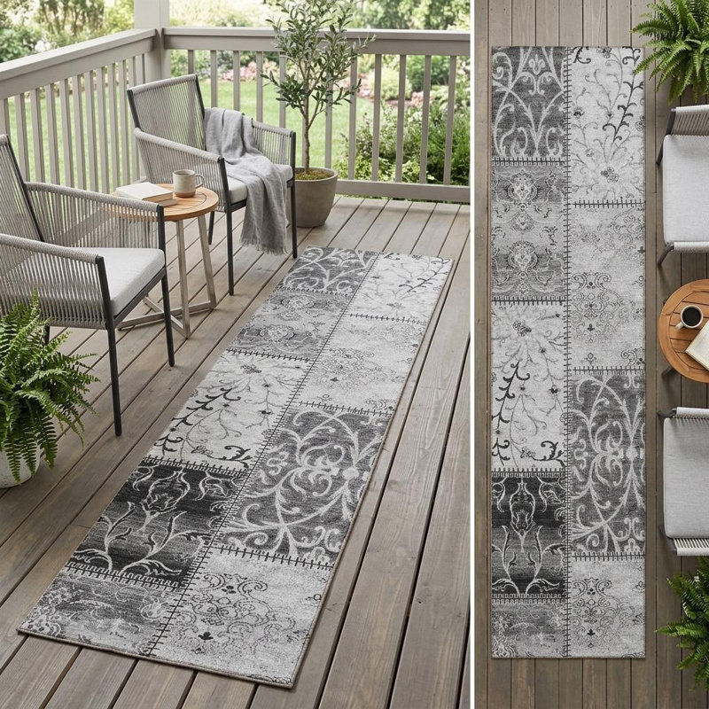 8' Runner Gray Patchwork Washable Non Skid Indoor Outdoor Runner Rug
