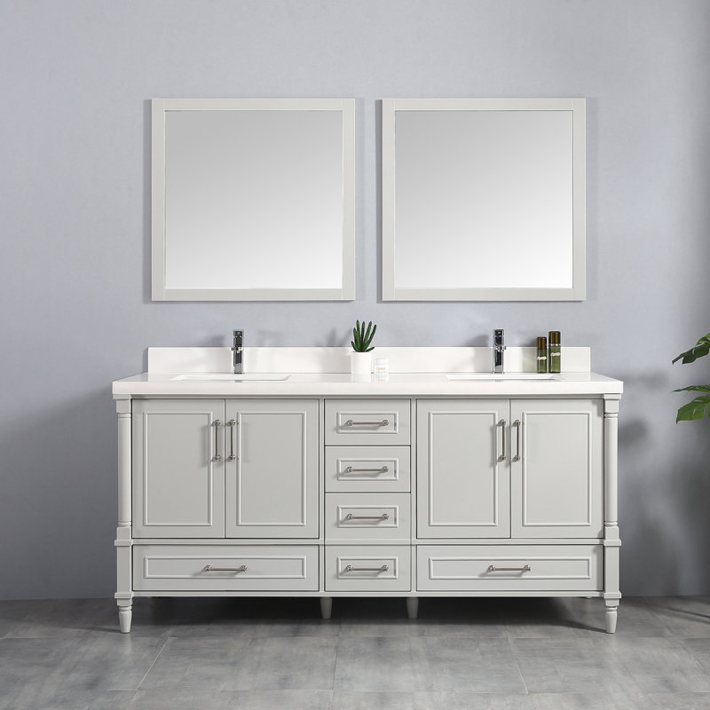 Meuble-lavabo double 72 po Mui, Calacatta, Gris Coventry, Nickel brossé