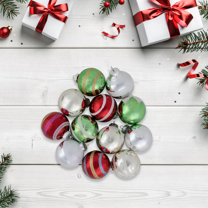 Boules de Noël en verre de conception rétro, Vert / Jaune