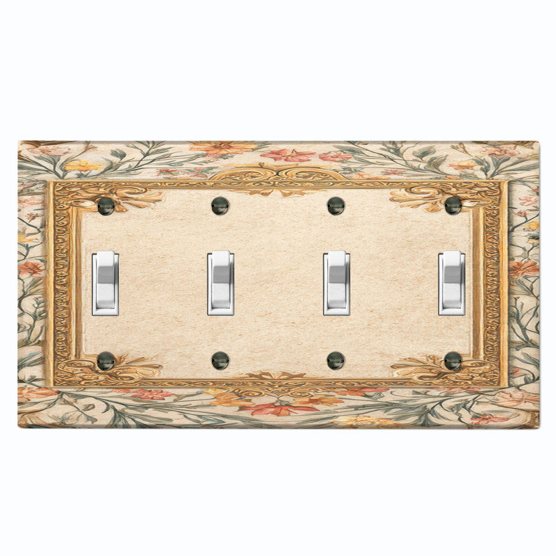 Plaque d'interrupteur en métal ; interrupteur à bascule 4 voies, taille standard américaine ; bordure florale élégante