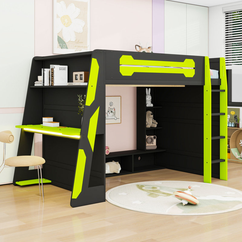 Lit mezzanine double avec bureau, lumière RVB et tablettes de rangement, Vert