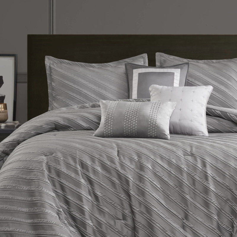 Édredon pour grand lit 7 pièces gris à motif diagonal avec literie élégante tout confort