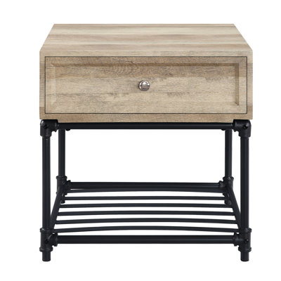 Table d'appoint en métal et bois composite, fini chêne élégant et gris sable, livrée démontée avec revêtement en poudre