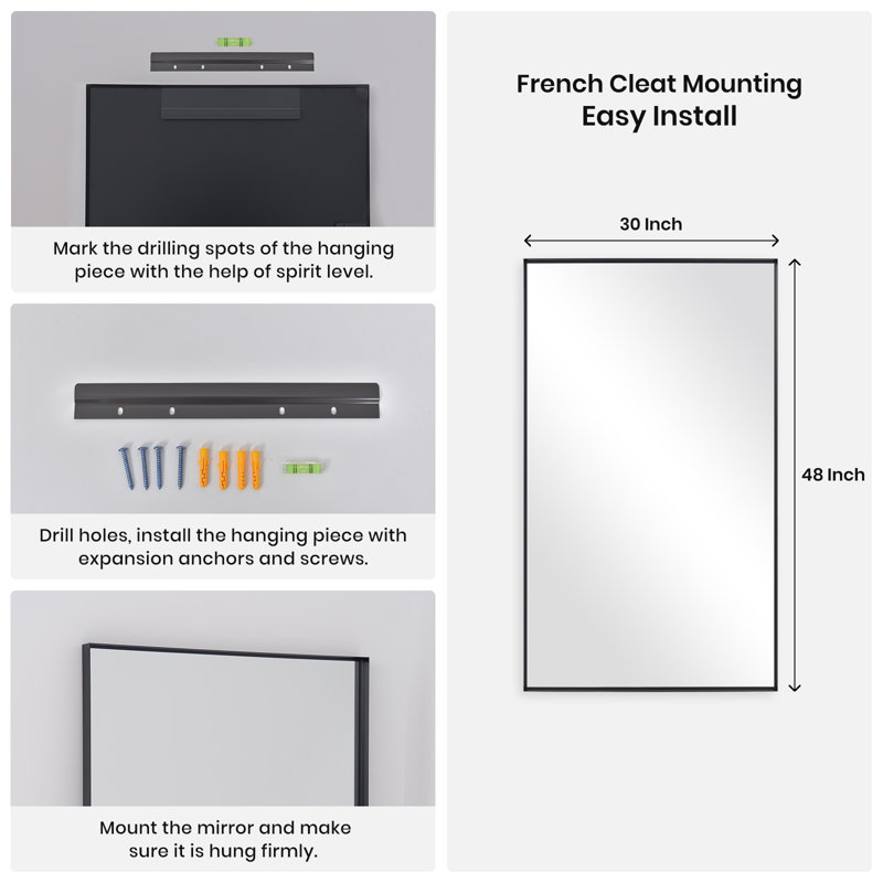 Miroirs muraux rectangulaires, verticaux ou horizontaux, 48 po x 30 po, Noir, noir, noir, noir