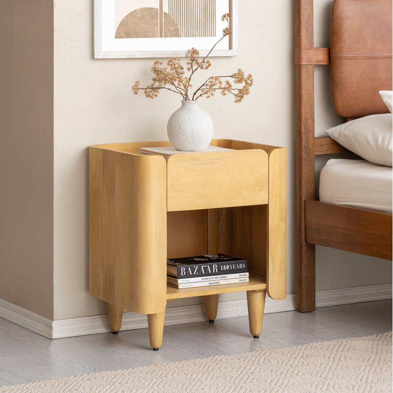 Helga Solid Wood Nightstand with 1 Drawer and Open Shelf Storage, Light Blonde