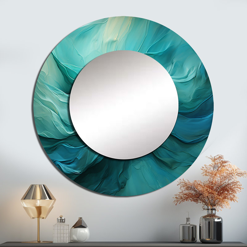 Turquoise Tranquility V - miroir de paysages, miroir mural décoratif rond moderne, impression d'art en métal, 29 po x 29 po