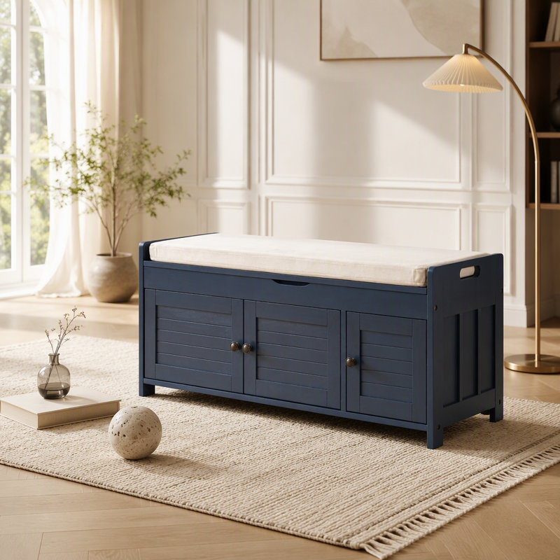 Banc de rangement avec 3 portes à volets, Marine, Marine