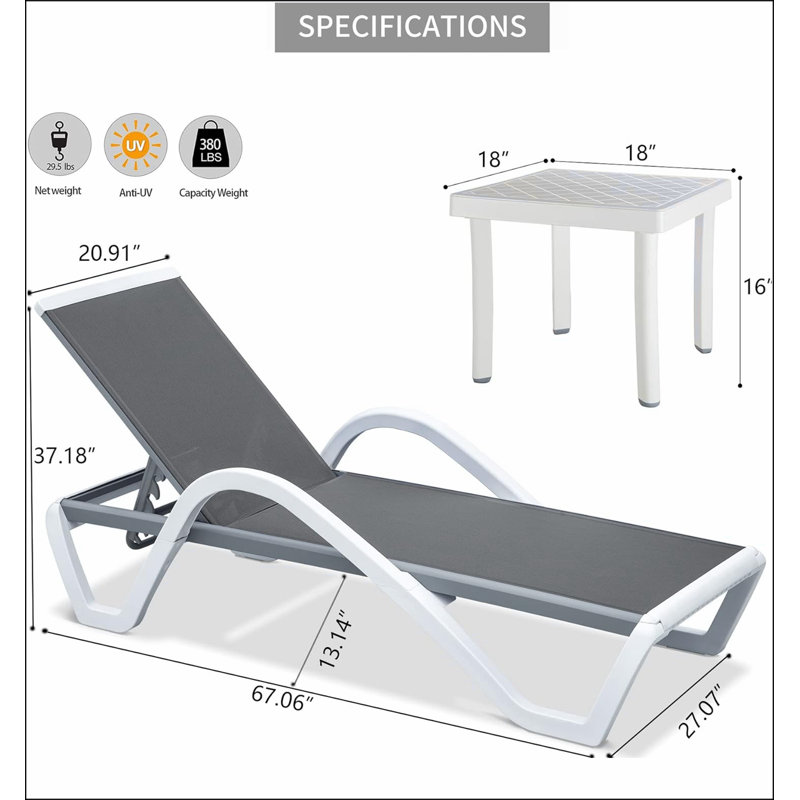 Patio Chaise Lounge Adjustable Aluminum Pool Lounge Chairs with Arm All Weather Pool Chairs for Outside,in-Pool,Lawn, Gray