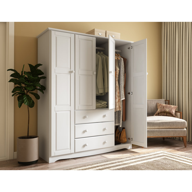 Armoire garde-robe pour la famille avec 4 portes 100% bois massif Musman, Blanc
