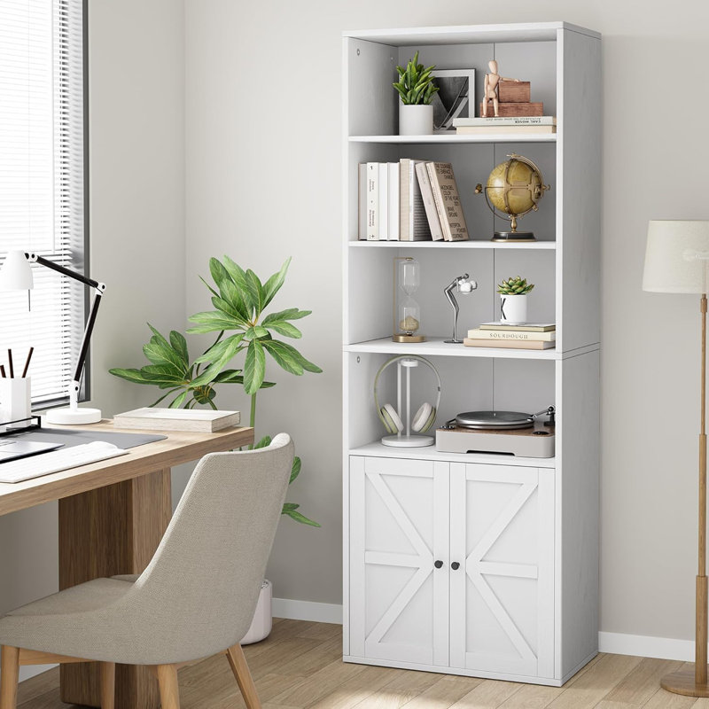 71.4" Farmhouse Bookcase with Doors, 6-Shelf Wooden Storage Cabinet for Living Room, Office & Study, White