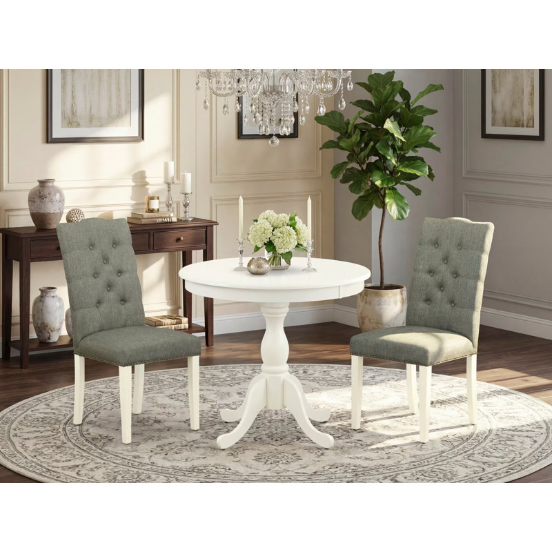3 Piece Dining Set Consists of 1 Round Pedestal Table and 2 Smoke Linen Fabric Dining Room Chairs Button Tufted Back with Nail Heads - linen white Finish