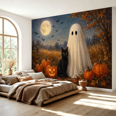 Wall Mural Peel and Stick Wallpaper Halloween Ghost Costume Black Cat Pumpkins Full Moon o Lantern Self-Adhesive Removable Contact Paper Wall Decor for Living Room Bedroom 69"H x 96"W