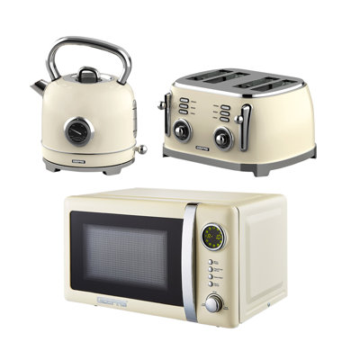 GEEPAS Retrovive 1.8L Electric Kettle, 4 Slice Bread Toaster & 20 Litre 700W Digital Freestanding Microwave Oven Kitchen Combo Set | 3000W Vintage Cordless Kettle | Defrost/Reheat/Cancel 1500W