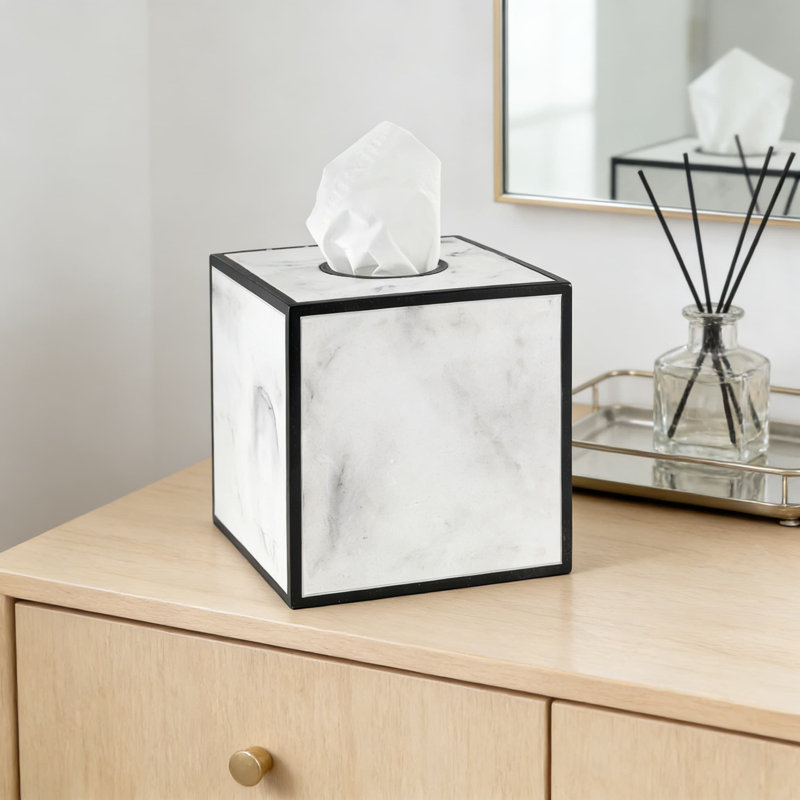 Couvercle de boîte à mouchoirs pour salle de bain et décoration intérieure, résine d'aspect marbre avec bordure noire, design moderne durable et sans danger pour les aliments