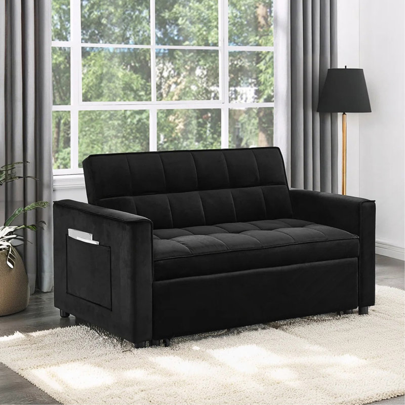 Causeuse convertible en velours noir l 53,5 po Maeve avec capitonnage et poche latérale