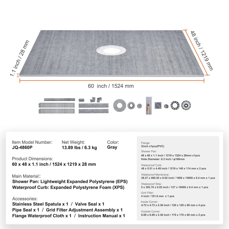 Ensemble de trottoir de douche 60 po x 48 po en acier inoxydable, mousse EPS, PEHD, XPS, PVC, PE 1 ensemble de drain central imperméable facile à installer