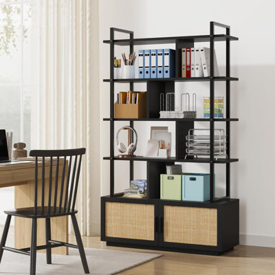 Bibliothèque à 5 niveaux en rotin avec armoire de rangement et porte, bibliothèque industrielle de 71,1 pouces de hauteur