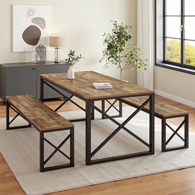Aithan 3-Piece 43.3 Inch Brown Dining Table Set with Benches, Rustic Kitchen Table Set for Small Spaces, Modern Farmhouse Dining Set with Bench for Kitchen & Dining Room