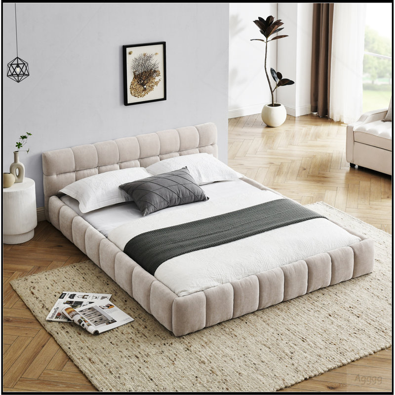 Structure de lit tapissier grand format avec tissu épais, lit plateforme grand format en chenille avec tête de lit et structure solide. Aucun sommier tapissier requis, beige (68 po x 86,5 po x 23,5 po)