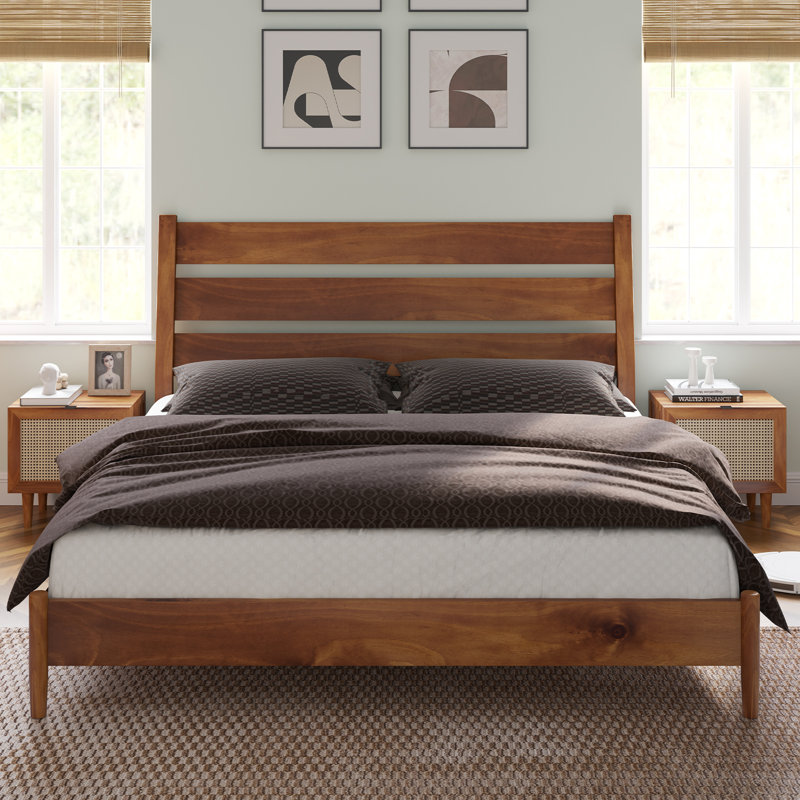 King Size Light Brown Pine Wood Bed Frame with Slatted Headboard