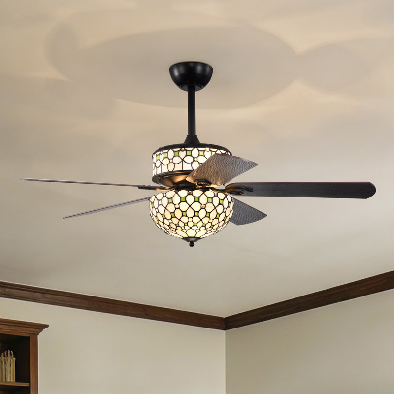 Guarvey 52-Inch Flushmount Two-Tiered Lighted Ceiling Fan Ivory Tiffany Glass Lamp Black Finish