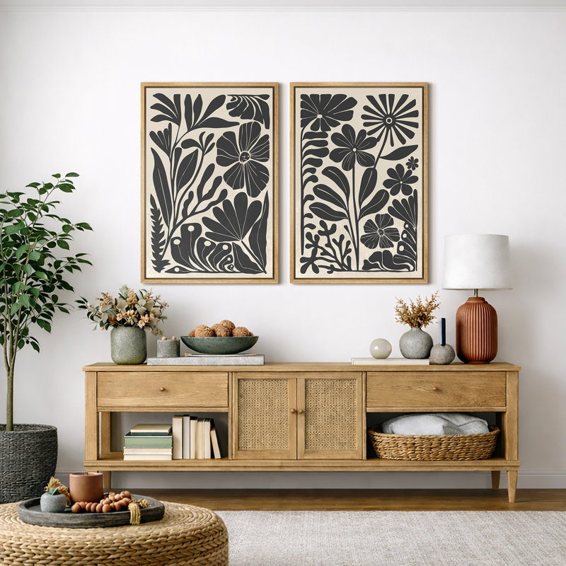 Abstrait botanique, "Boho, art floral noir et beige, images murales abstraites de style Mid-Century, impression sur toile encadrée, 2 pièces"