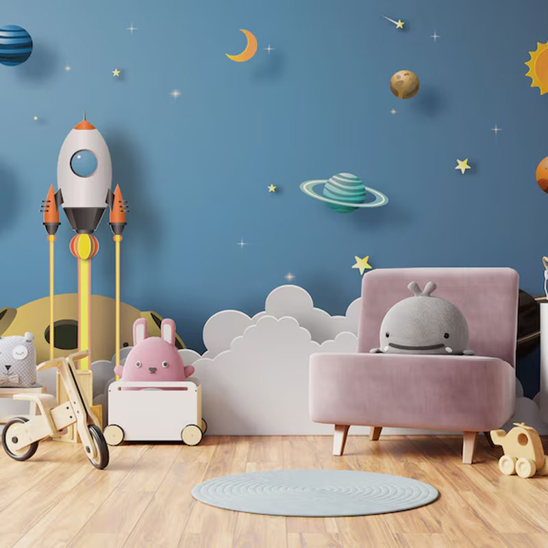 Papier peint pour chambre d'enfant, espace, fusée, planète bleue, système solaire, chambre d'enfant, 96" L x 108" W