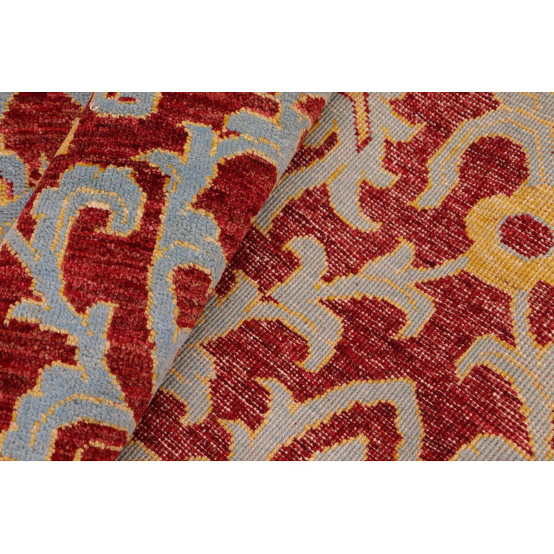 Tapis rouge / bleu / jaune en laine noué à la main 6 pi 1 po x 8 pi 10 po Othar Damask