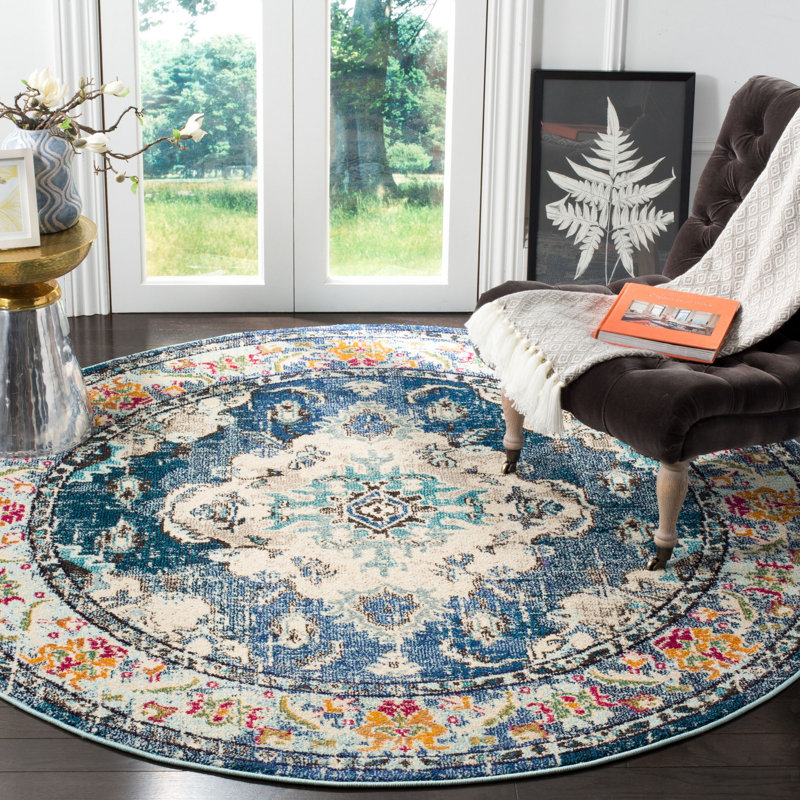 Almyra Oriental Area Rug, Round 5', Navy/Light Blue