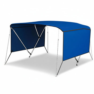Toit bimini à 3 arcs, abat-jour en toile 600D de qualité marine avec parois latérales en maille, rideaux amovibles, structure en aluminium de 1 pouce et botte de rangement à fermeture à glissière, 6 pi x 73 à 78 po x 46 po, bleu royal