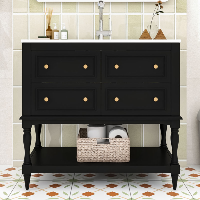 Chiharu Elegant 36-Inch Wood Bathroom Vanity Set with Ceramic Sink and Spacious Storage, Black