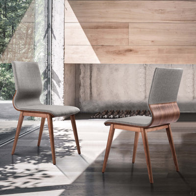 Mid-Century Dining Chair In Walnut Finish And Gray Fabric - Set Of 2