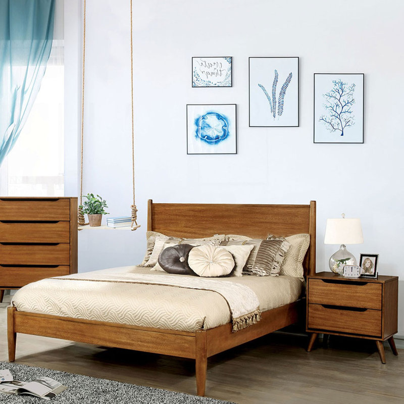 Ensemble de 3 pièces comprenant un lit en bois, 2 tables de chevet et un lit plateforme de style moderne du milieu du siècle.