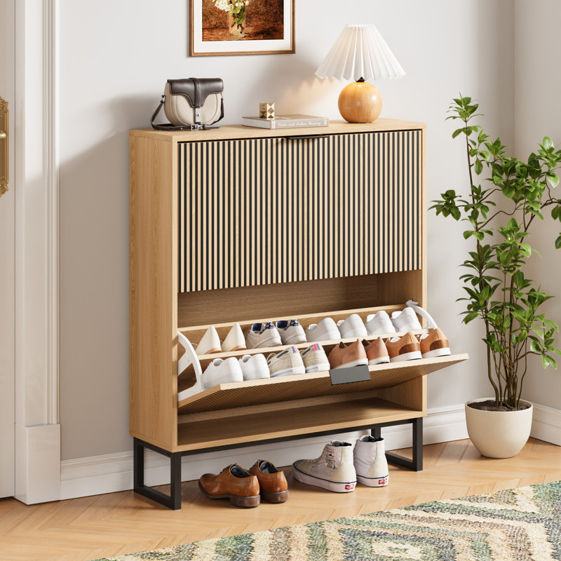 Armoire de rangement pour chaussures 16 paires avec 2 tiroirs rabattables, armoire de rangement pour chaussures autoportante