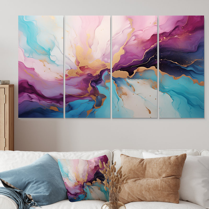 Liquide or liquide encre art - ensemble de décoration murale en marbre 4 pièces, H 32 po x l 64 po