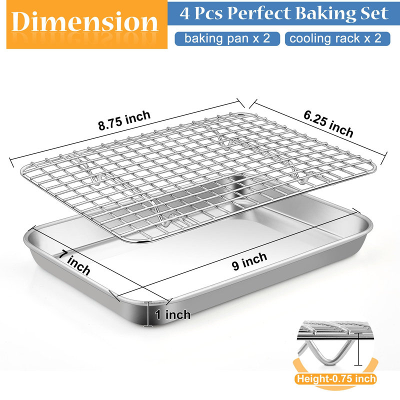 Grille-pain grille-pain avec support, mini-plateau de cuisson en acier inoxydable de 9 po x 7 po x 1 po avec grille pour rôtir, non toxique et robuste, va au lave-vaisselle (2 casseroles + 2 grilles)
