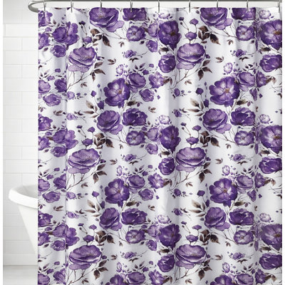 72" X 72" - Purple Floral Fabric Textured Glam Luxury Shower Curtain With 12 Metal Roller Ball Hooks
