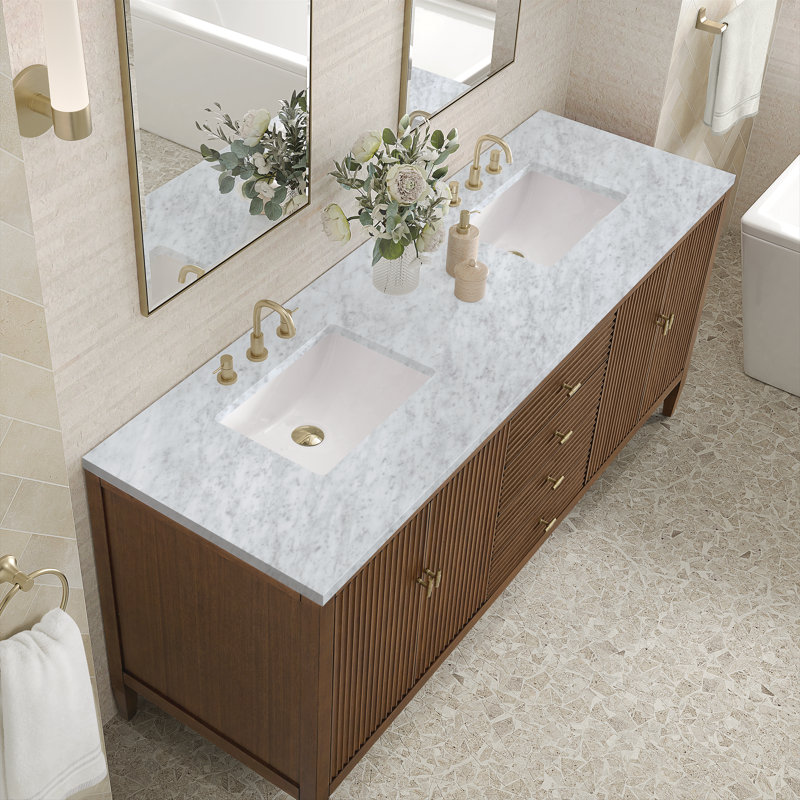 Myrrin 72'' W Double Vanity, Mid-Century Walnut, Carrara White, 8" Widespread