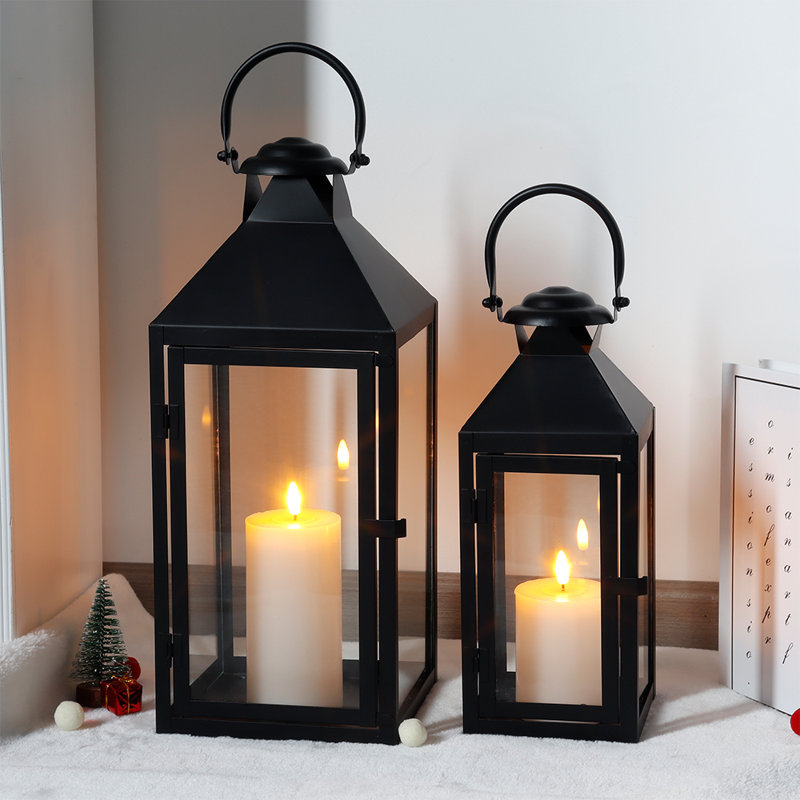 2 Piece Glass & Metal Tabletop Lantern Set, Black