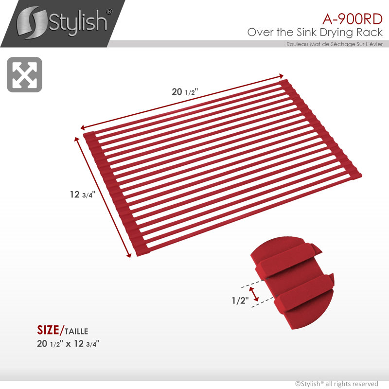 STYLISH Flex 20 inch Over The Sink Roll-up Dish Drying Rack, Red