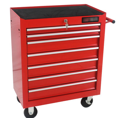 Red 7 Drawers Toolbox Trolley, With Key Lock, Bearing Slides, Steel 7 Tool Cart In Red, Lockable, Robust Steel, Slide, 4