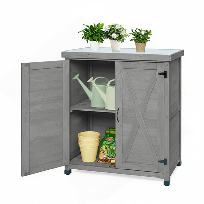 Banc de rempotage avec armoire de rangement et plateau de table en métal pour patio extérieur, table de poste de travail extérieur
