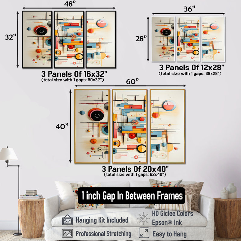 Ensemble d'art mural géométrique rétro Mid Century, H 28 po x l 36 po x P 1 po, Cadre flottant noir