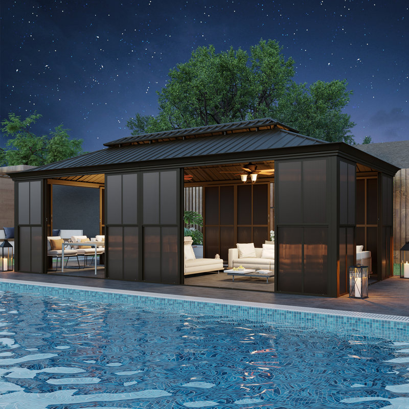 24 ft. W x 12 ft. D Outdoor Hardtop Sunroom Gazebo – Fully Enclosed Aluminum Solarium with Sliding Doors, Slideable PE Screen Windows,  All-Season Pergola with Galvanized Steel Double Roof for Patio, Deck & Hot Tub