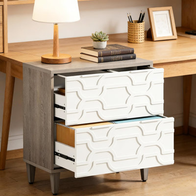 2 armoires de rangement polyvalentes pour la maison et le bureau, pouvant accueillir des dossiers légaux, de format lettre et A4, un design chic blanc-gris, un panneau de particules de qualité E0 résistant à l'eau, une stabilité avec des pieds réglables et des tiroirs spacieux