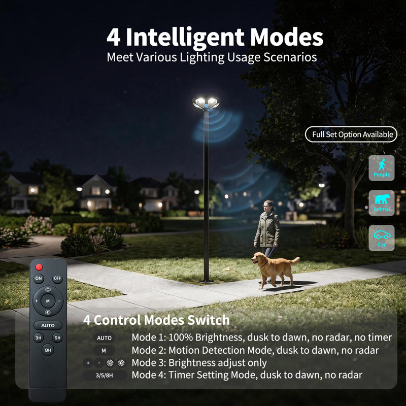 Lampadaire solaire extérieur de 42 cm (16,5 po), 648 DEL, compatible avec les poteaux de 7,6 cm (3 po) et 6 cm (2 3/8 po), étanche IP65, télécommande incluse (poteau non inclus).
