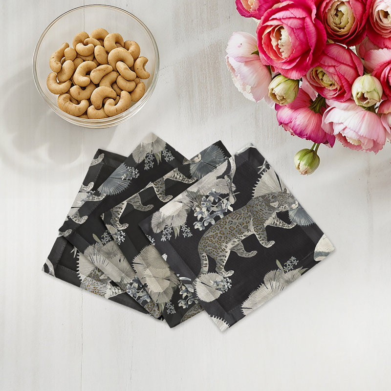 Leopard Walk Hemstitch Cocktail 6" Linen/Cotton Napkin, Black