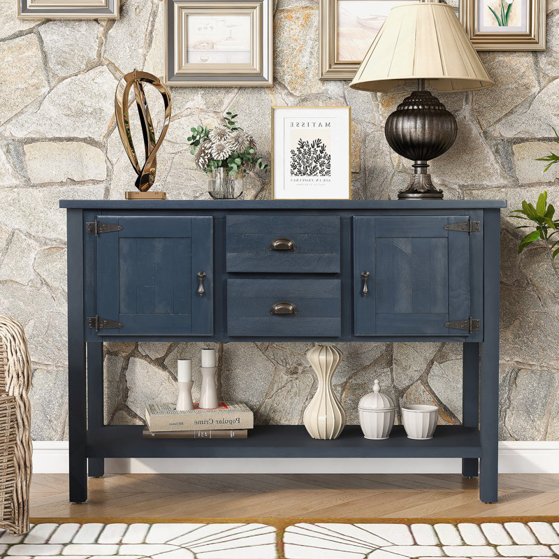 Console de 46 po en bois massif avec 2 tiroirs, armoires et tablette inférieure, armoire de rangement de style rétro pour salle à manger (bleu marine)