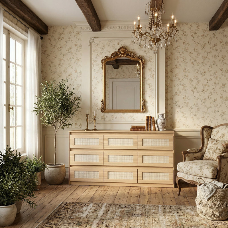 Bryheem 9-Drawer Dresser with Woven Rattan , 62.9"