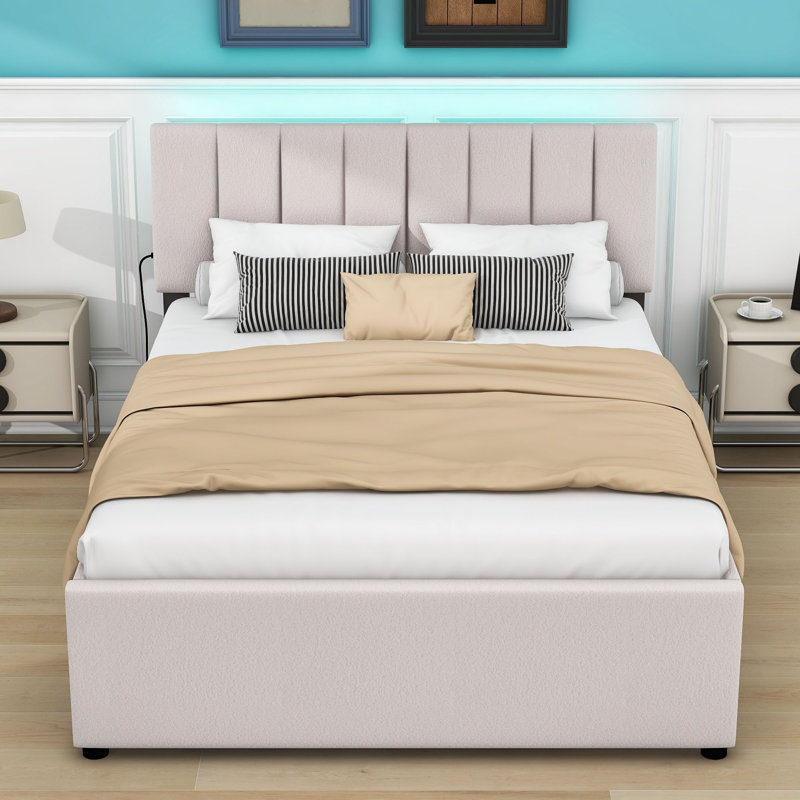 Lit plateforme tapissier classique avec lit gigogne simple Prarthana, Grand, Beige